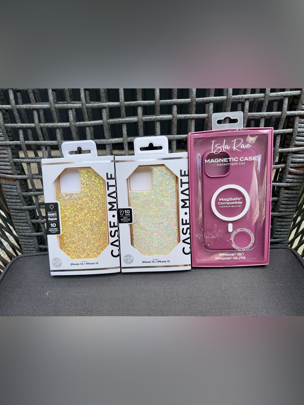 Bundle of case-mate Iridescent Glitter iPhone 14 13, Isla Rae mauve pink 15 Case